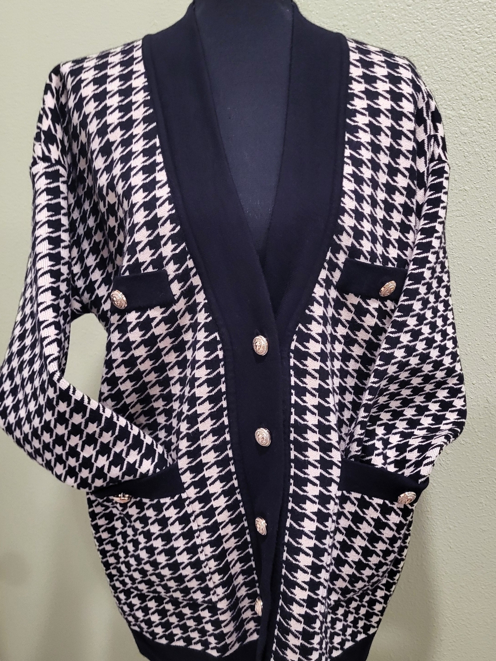 Black and Cream Houndstooth Cardigan with Gold Buttons.  Size 2